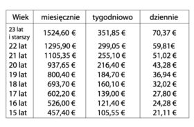 Tab.1 Minimalne stawki wynagrodzenia brutto od 1 stycznia 2016 roku (miesięcznie/tygodniowo/dziennie).